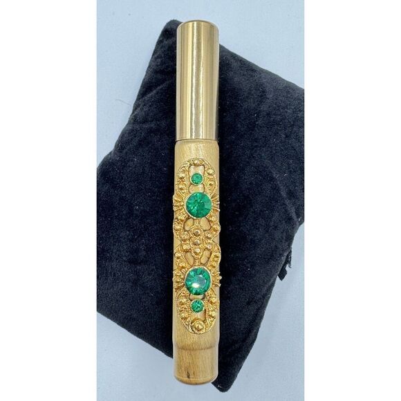 Vintage Brushed Gold Tone Ornate Compact Purse Pen Green Rhinestones *NO INK* - Picture 1 of 7